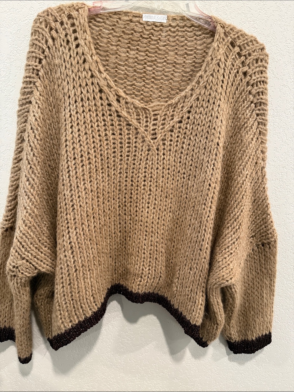 Relaxed Open Knit V-Neck Sweater in Camel with Contrast Hem